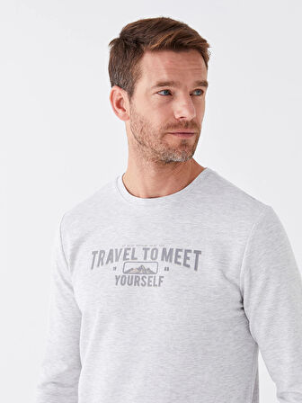 LCWAIKIKI Classic BEJ Bisiklet Yaka Uzun Kollu Baskılı Erkek Sweatshirt
