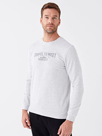 LCWAIKIKI Classic BEJ Bisiklet Yaka Uzun Kollu Baskılı Erkek Sweatshirt