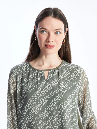 LCW Grace Haki Bisiklet Yaka Desenli Uzun Kollu Kadın Bluz