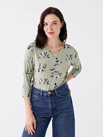 LCW Grace Yeşil Bisiklet Yaka Çiçekli Kadın Bluz