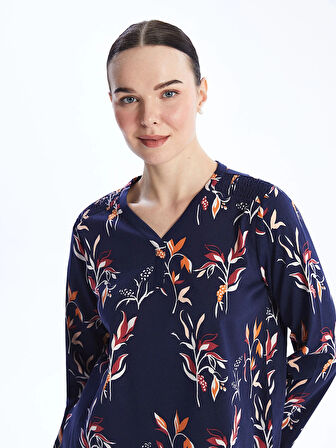 LCW Grace Lacivert V Yaka Desenli Uzun Kollu Kadın Bluz