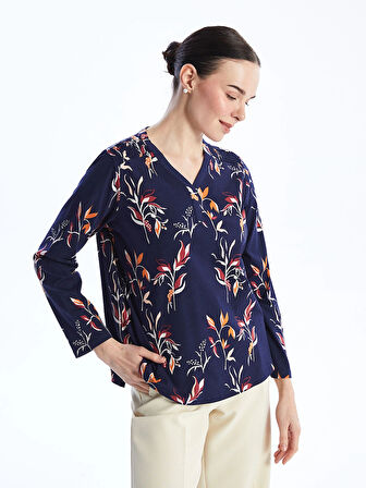 LCW Grace Lacivert V Yaka Desenli Uzun Kollu Kadın Bluz