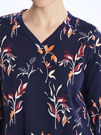 LCW Grace Lacivert V Yaka Desenli Uzun Kollu Kadın Bluz