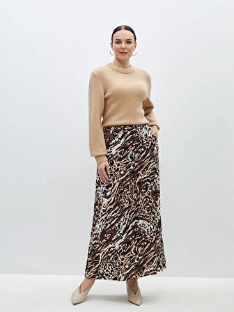 LCW Grace KAHVERENGİ Beli Lastikli Rahat Kalıp Desenli Kadın Etek