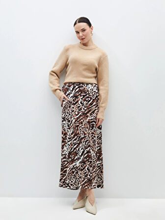 LCW Grace KAHVERENGİ Beli Lastikli Rahat Kalıp Desenli Kadın Etek