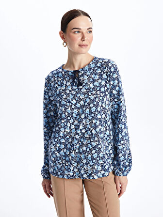 LCW Grace Mavi Bağlamalı Yaka Desenli Uzun Kollu Kadın Bluz