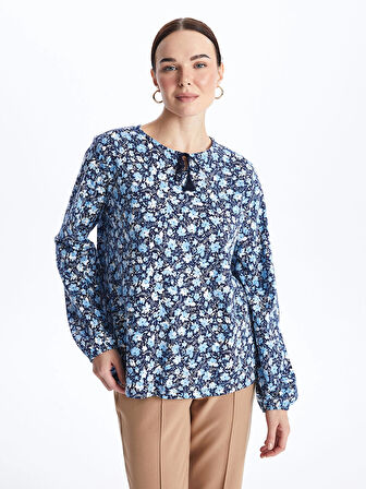 LCW Grace Mavi Bağlamalı Yaka Desenli Uzun Kollu Kadın Bluz