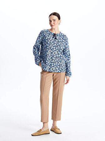 LCW Grace Mavi Bağlamalı Yaka Desenli Uzun Kollu Kadın Bluz