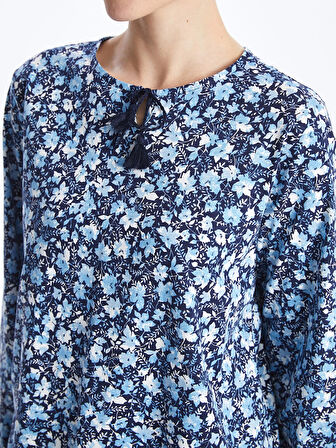 LCW Grace Mavi Bağlamalı Yaka Desenli Uzun Kollu Kadın Bluz