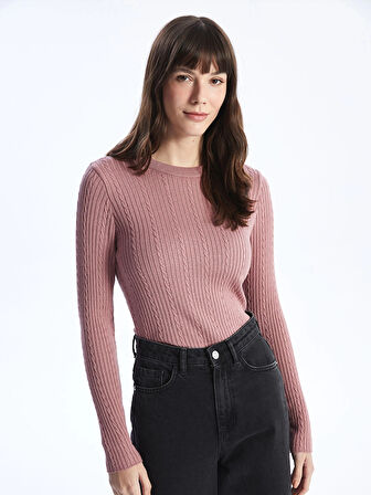 LCWAIKIKI Basic PEMBE Bisiklet Yaka Kendinden Desenli Uzun Kollu Kadın Triko Kazak