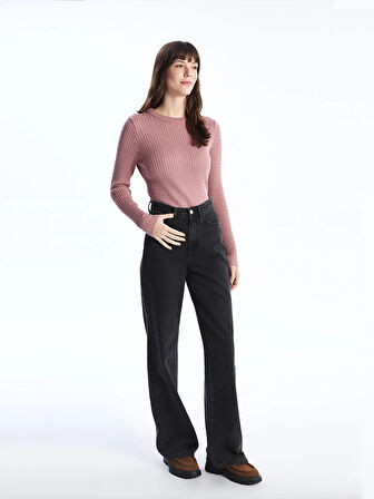 LCWAIKIKI Basic PEMBE Bisiklet Yaka Kendinden Desenli Uzun Kollu Kadın Triko Kazak