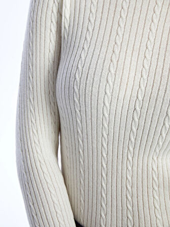 LCWAIKIKI Basic EKRU Bisiklet Yaka Kendinden Desenli Uzun Kollu Kadın Triko Kazak