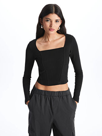 LCW Vision Siyah Kare Yaka Düz Uzun Kollu Ottoman Kadın Bluz