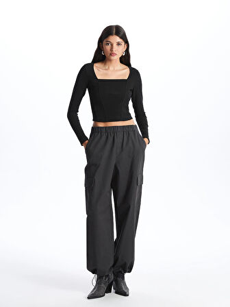 LCW Vision Siyah Kare Yaka Düz Uzun Kollu Ottoman Kadın Bluz