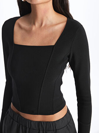 LCW Vision Siyah Kare Yaka Düz Uzun Kollu Ottoman Kadın Bluz