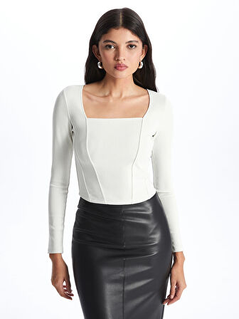 LCW Vision Bej Kare Yaka Düz Uzun Kollu Ottoman Kadın Bluz