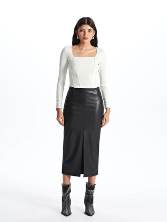 LCW Vision Bej Kare Yaka Düz Uzun Kollu Ottoman Kadın Bluz