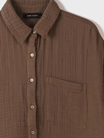 LCW Vision Kahverengi Önden Düğme Kapamalı Düz Cep Detaylı Kısa Kollu Kadın Gömlek