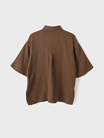 LCW Vision Kahverengi Önden Düğme Kapamalı Düz Cep Detaylı Kısa Kollu Kadın Gömlek