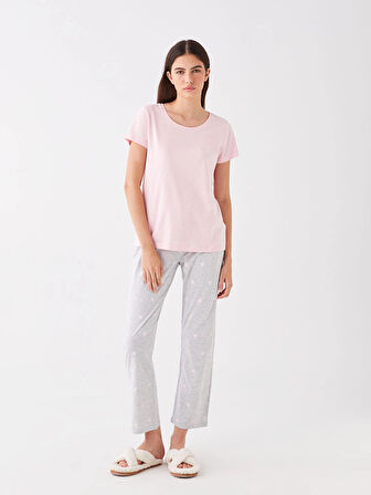 LCW DREAM PEMBE Bisiklet Yaka Desenli Uzun Kollu Kadın Pijama Takımı