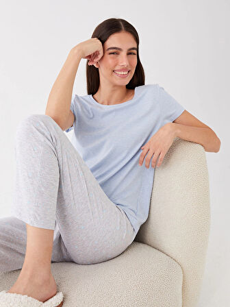 LCW DREAM MAVİ Bisiklet Yaka Desenli Uzun Kollu Kadın Pijama Takımı