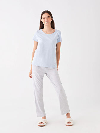 LCW DREAM MAVİ Bisiklet Yaka Desenli Uzun Kollu Kadın Pijama Takımı