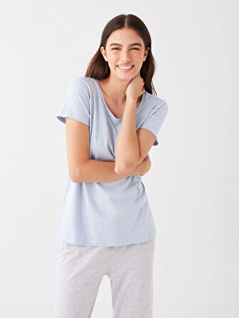 LCW DREAM MAVİ Bisiklet Yaka Desenli Uzun Kollu Kadın Pijama Takımı