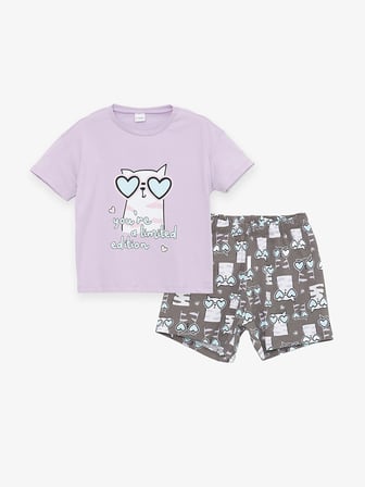 LCW Kids Lila Bisiklet Yaka Baskılı Kısa Kollu Kız Çocuk Şortlu Pijama Takımı