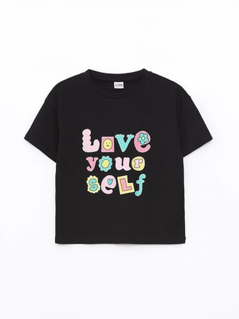 LCW Kids Siyah Bisiklet Yaka Baskılı Kısa Kollu Kız Çocuk Şortlu Pijama Takımı