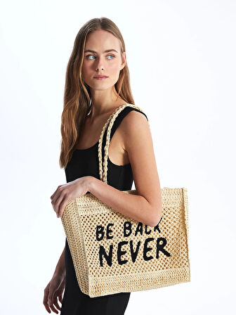 LCW ACCESSORIES EKRU Yazı Baskılı Kadın Hasır Kol Çantası