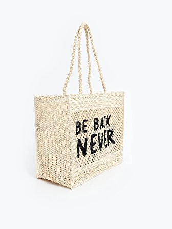 LCW ACCESSORIES EKRU Yazı Baskılı Kadın Hasır Kol Çantası