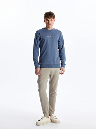 LCW Casual MAVİ Bisiklet Yaka Uzun Kollu Baskılı Erkek Sweatshirt