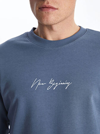LCW Casual MAVİ Bisiklet Yaka Uzun Kollu Baskılı Erkek Sweatshirt
