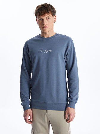 LCW Casual MAVİ Bisiklet Yaka Uzun Kollu Baskılı Erkek Sweatshirt