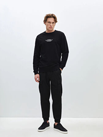 LCW Casual SİYAH Bisiklet Yaka Uzun Kollu Baskılı Erkek Sweatshirt