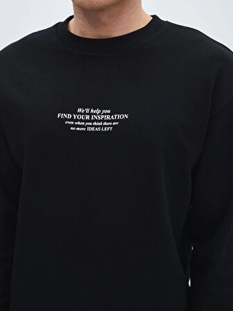 LCW Casual SİYAH Bisiklet Yaka Uzun Kollu Baskılı Erkek Sweatshirt