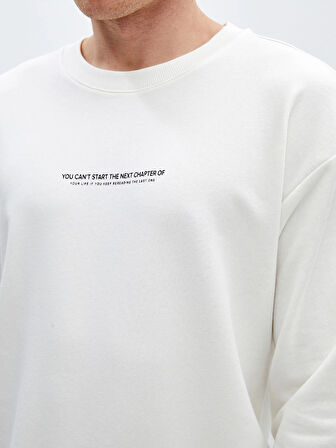 LCW Casual EKRU Bisiklet Yaka Uzun Kollu Baskılı Erkek Sweatshirt
