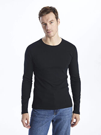 LCWAIKIKI Basic Siyah Bisiklet Yaka Uzun Kollu Erkek Tişört