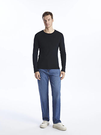 LCWAIKIKI Basic Siyah Bisiklet Yaka Uzun Kollu Erkek Tişört