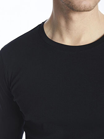 LCWAIKIKI Basic Siyah Bisiklet Yaka Uzun Kollu Erkek Tişört