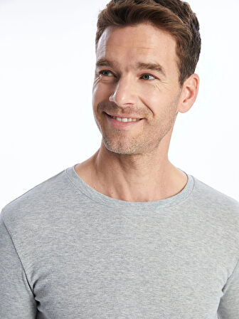 LCWAIKIKI Basic Gri Bisiklet Yaka Uzun Kollu Erkek Tişört