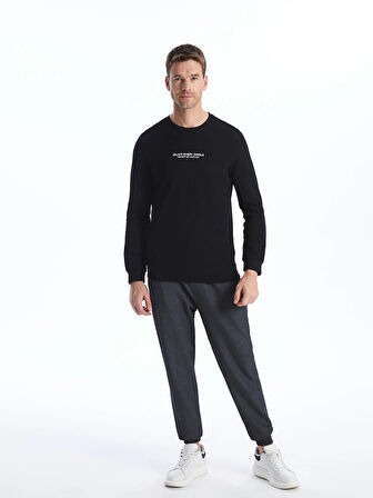 LCWAIKIKI Classic SİYAH Bisiklet Yaka Uzun Kollu Baskılı Erkek Sweatshirt