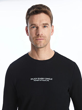 LCWAIKIKI Classic SİYAH Bisiklet Yaka Uzun Kollu Baskılı Erkek Sweatshirt