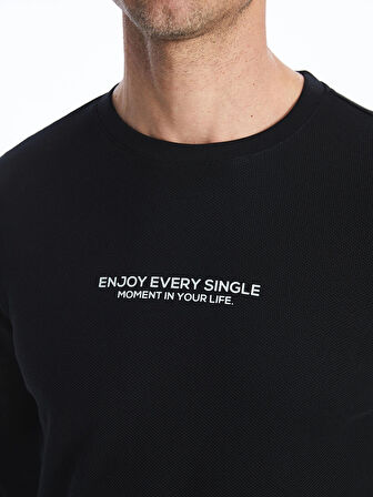 LCWAIKIKI Classic SİYAH Bisiklet Yaka Uzun Kollu Baskılı Erkek Sweatshirt