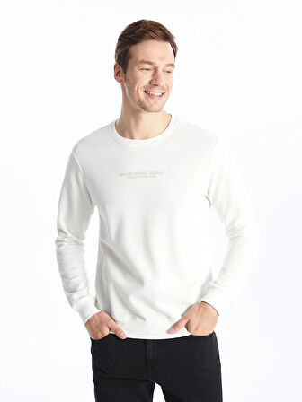 LCWAIKIKI Classic EKRU Bisiklet Yaka Uzun Kollu Baskılı Erkek Sweatshirt