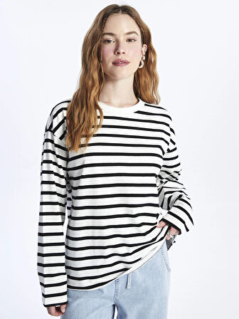 XSIDE Ekru Bisiklet Yaka Çizgili Uzun Kollu Kadın Tişört