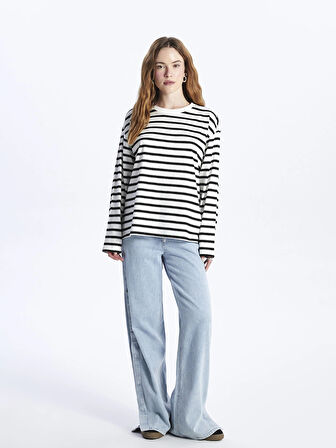 XSIDE Ekru Bisiklet Yaka Çizgili Uzun Kollu Kadın Tişört