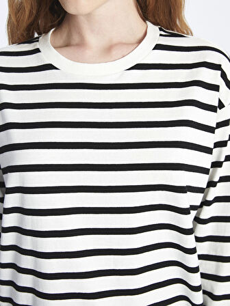 XSIDE Ekru Bisiklet Yaka Çizgili Uzun Kollu Kadın Tişört