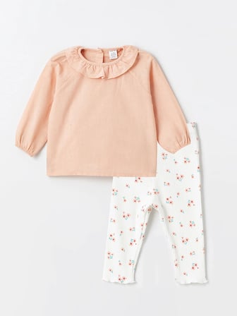 LCW baby PEMBE Bebe Yaka Uzun Kollu Baskılı Kız Bebek Bluz ve Tayt 2'li Takım