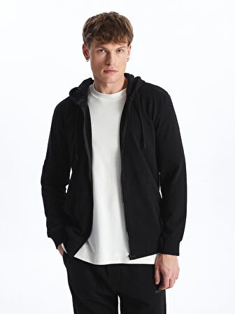 LCW Casual Siyah Kapüşonlu Uzun Kollu Erkek Fermuarlı Sweatshirt
